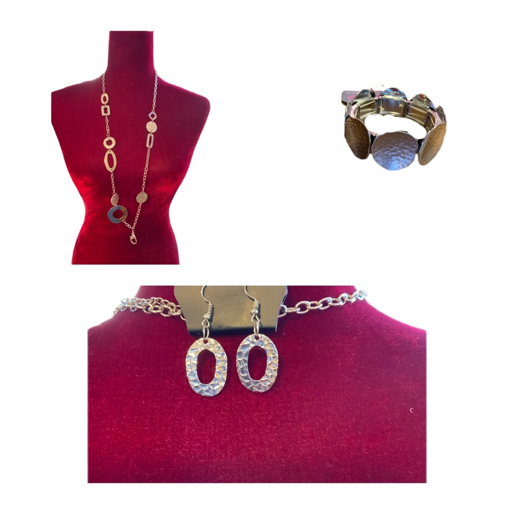 3 pc long necklace badge or key holder bracelet & earrings silver tone hammered